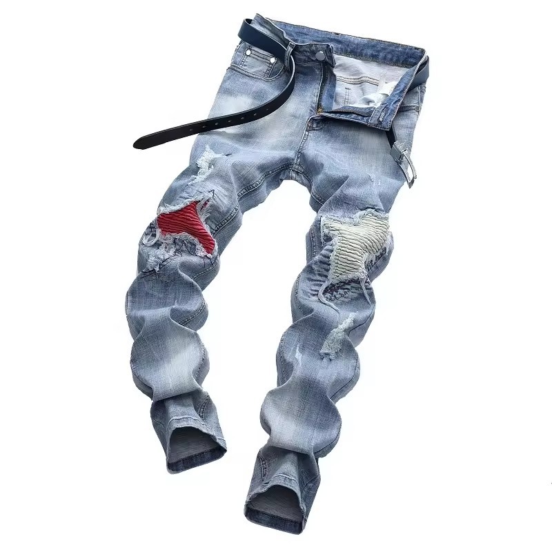 high street wear jeans pants for men destroyed denim jeans pantalone de hombre patched design slim jeans men