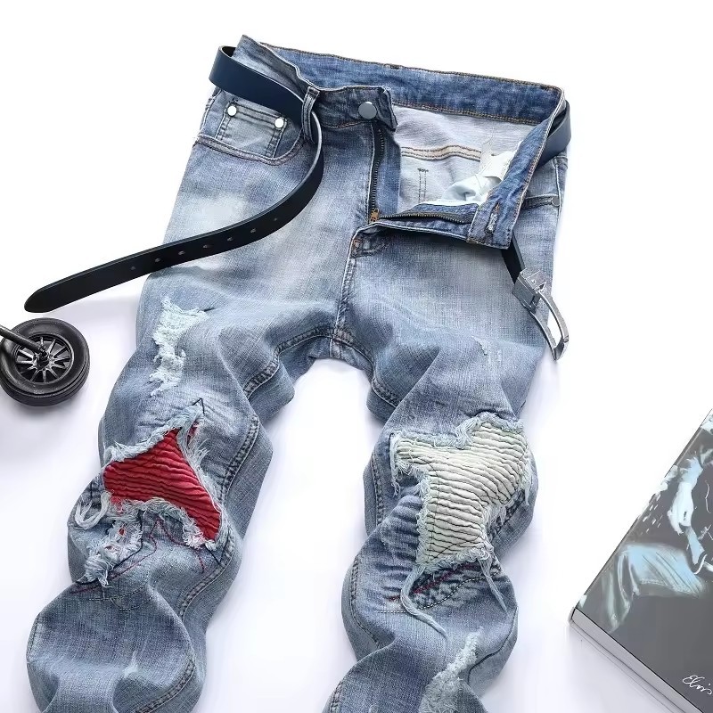 high street wear jeans pants for men destroyed denim jeans pantalone de hombre patched design slim jeans men