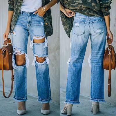 hot sale fashion ladies wide leg denim pants jeans destroyed women bell bottom ripped jeans women