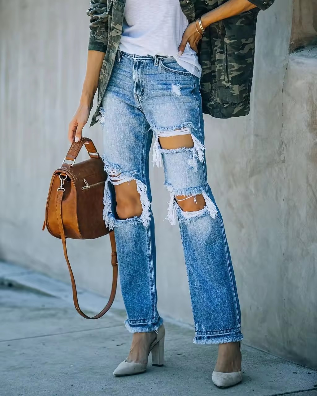 hot sale fashion ladies wide leg denim pants jeans destroyed women bell bottom ripped jeans women