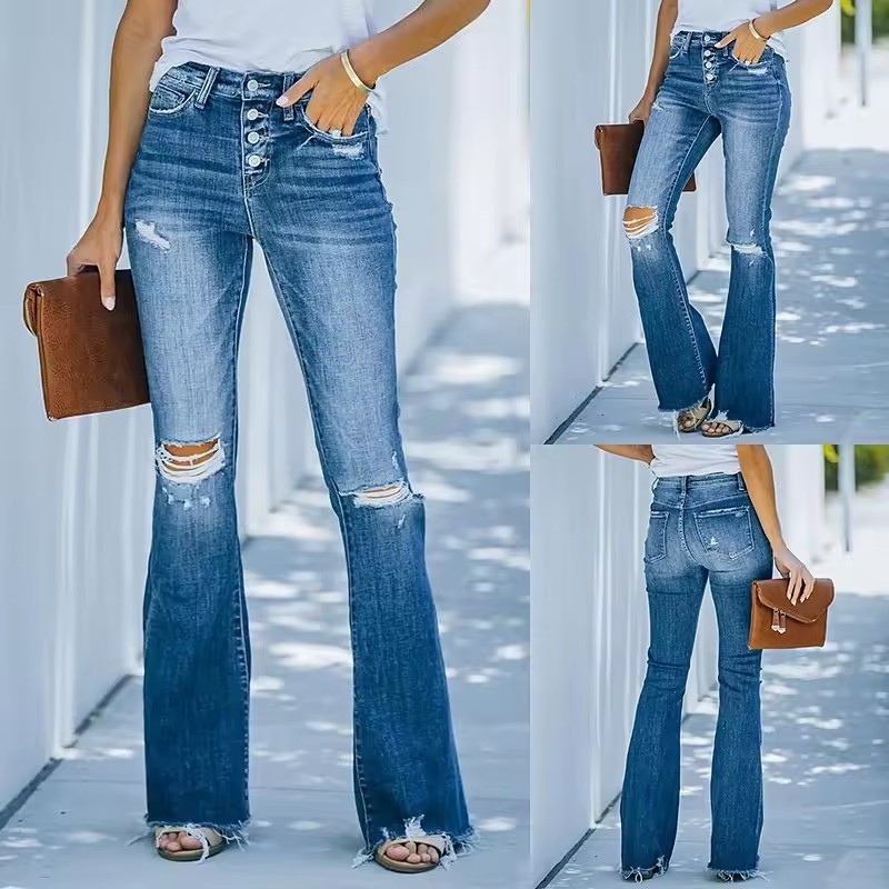 hot sale fashion ladies wide leg denim pants skinny jeans destroyed ladies jeans women flared jeans