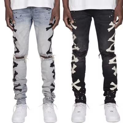 MD003 hot sale streetstyle denim ripped jeans pantalone de hombre printed designer jeans pants patched jeans men