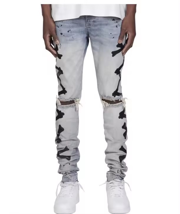 MD003 hot sale streetstyle denim ripped jeans pantalone de hombre printed designer jeans pants patched jeans men