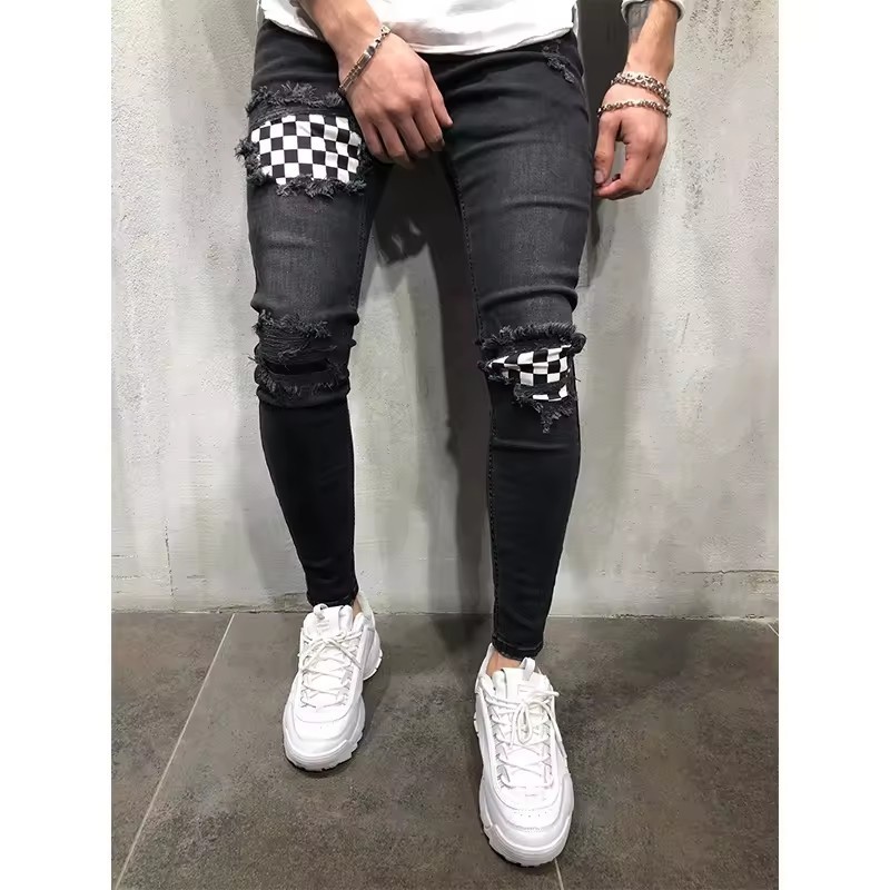 OA men's patch design fashion denim jeans black & blue denim men skinny jogging pants jeans for men stylish