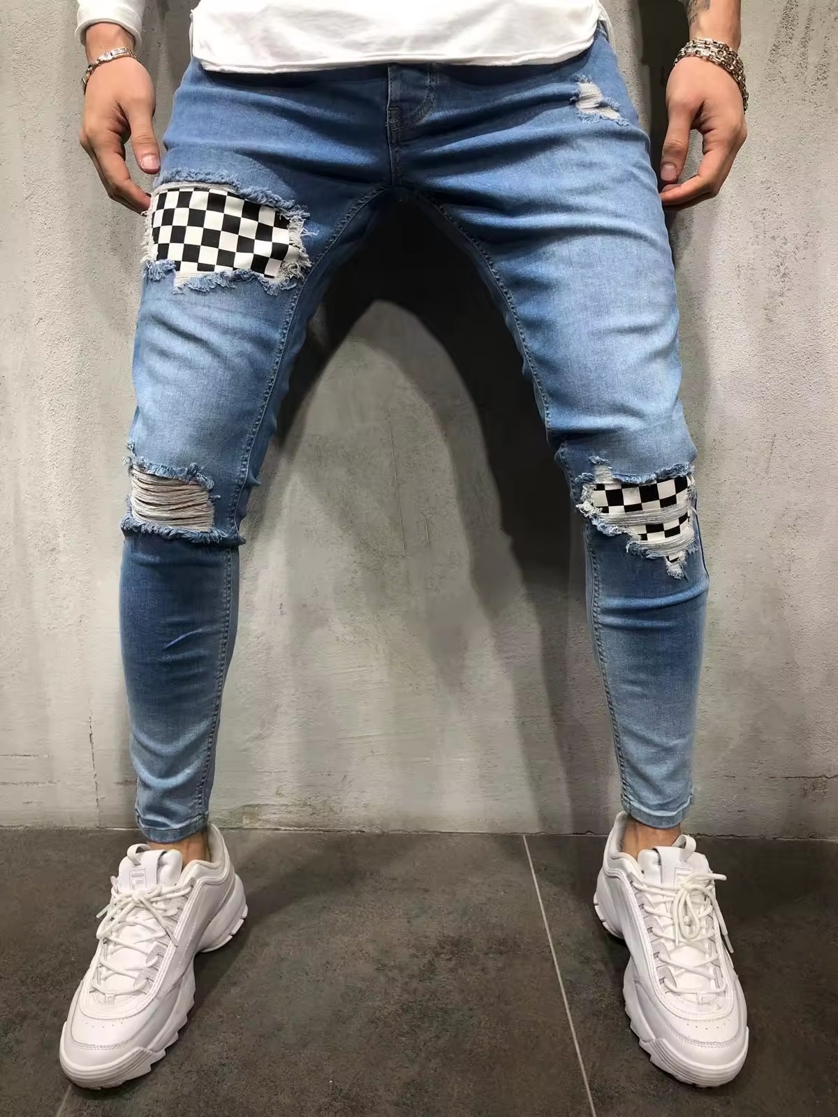 OA men's patch design fashion denim jeans black & blue denim men skinny jogging pants jeans for men stylish