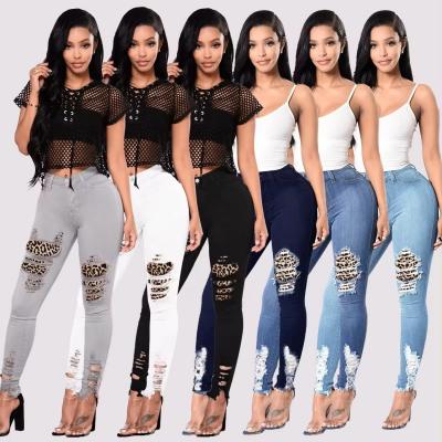 high waist fashion jeans multi color women skinny ripped denim jeans leopard patches destroyed jeans women