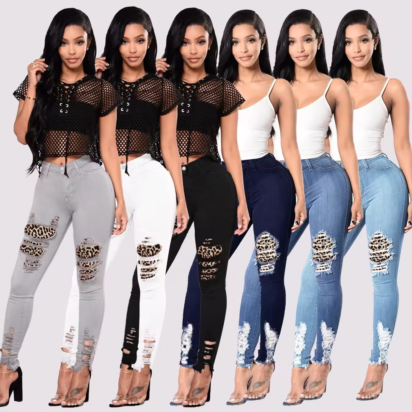 high waist fashion jeans multi color women skinny ripped denim jeans leopard patches destroyed jeans women