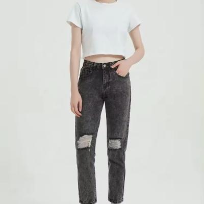 popular high quality women destroyed casual denim pants straight black american style jeans