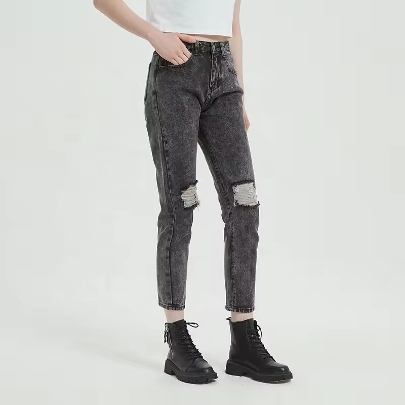 popular high quality women destroyed casual denim pants straight black american style jeans