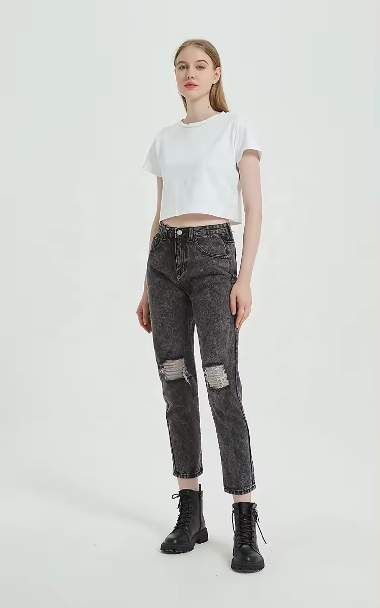 popular high quality women destroyed casual denim pants straight black american style jeans