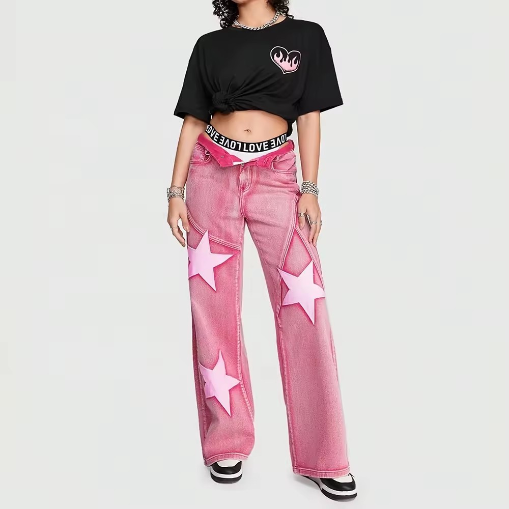 star jeans wide leg women custom embroidery jeans women pink jeans for women