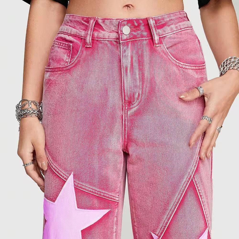 star jeans wide leg women custom embroidery jeans women pink jeans for women