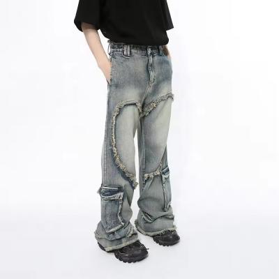 MD008 streetwear baggy distressed jeans men raw edge vintage wash jeans oversize baggy flare jeans pant men y2k straight