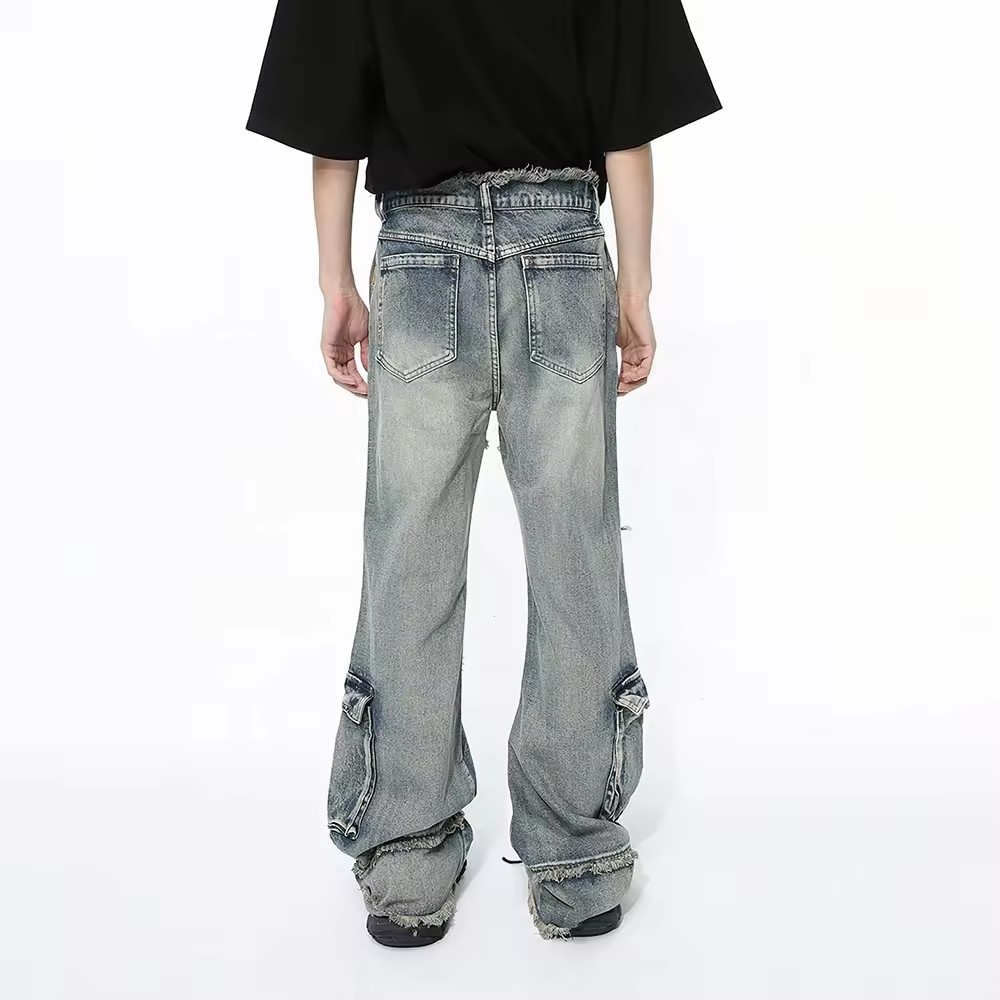 MD008 streetwear baggy distressed jeans men raw edge vintage wash jeans oversize baggy flare jeans pant men y2k straight