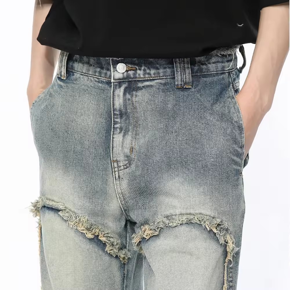 MD008 streetwear baggy distressed jeans men raw edge vintage wash jeans oversize baggy flare jeans pant men y2k straight