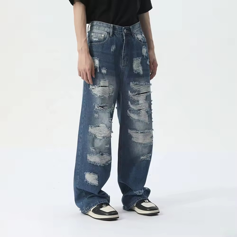 hip hop custom design streetwear baggy distressed straight fit loose jeans men