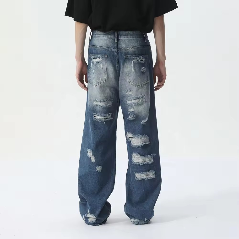 hip hop custom design streetwear baggy distressed straight fit loose jeans men