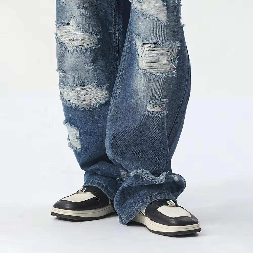 hip hop custom design streetwear baggy distressed straight fit loose jeans men