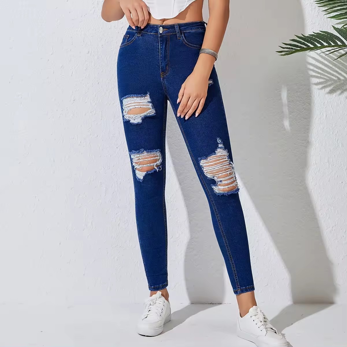 ODM OEM ladies skinny denim jeans stretchy ripped high waist pencil jeans slim fit custom women jeans