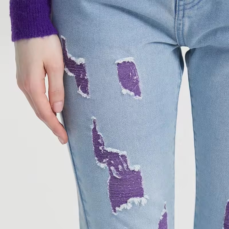 custom womens jeans destroyed custom jeans for women colored yarn blue destroyed jean