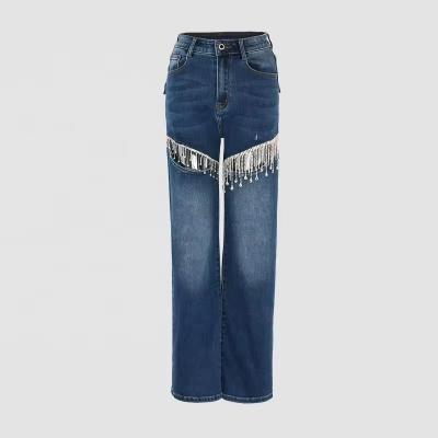 ODM OEM custom women loose jeans women denim diamond jeans with rhinestones for women