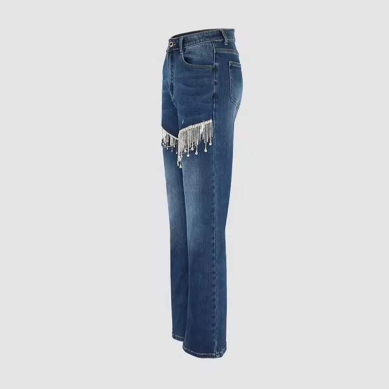 ODM OEM custom women loose jeans women denim diamond jeans with rhinestones for women